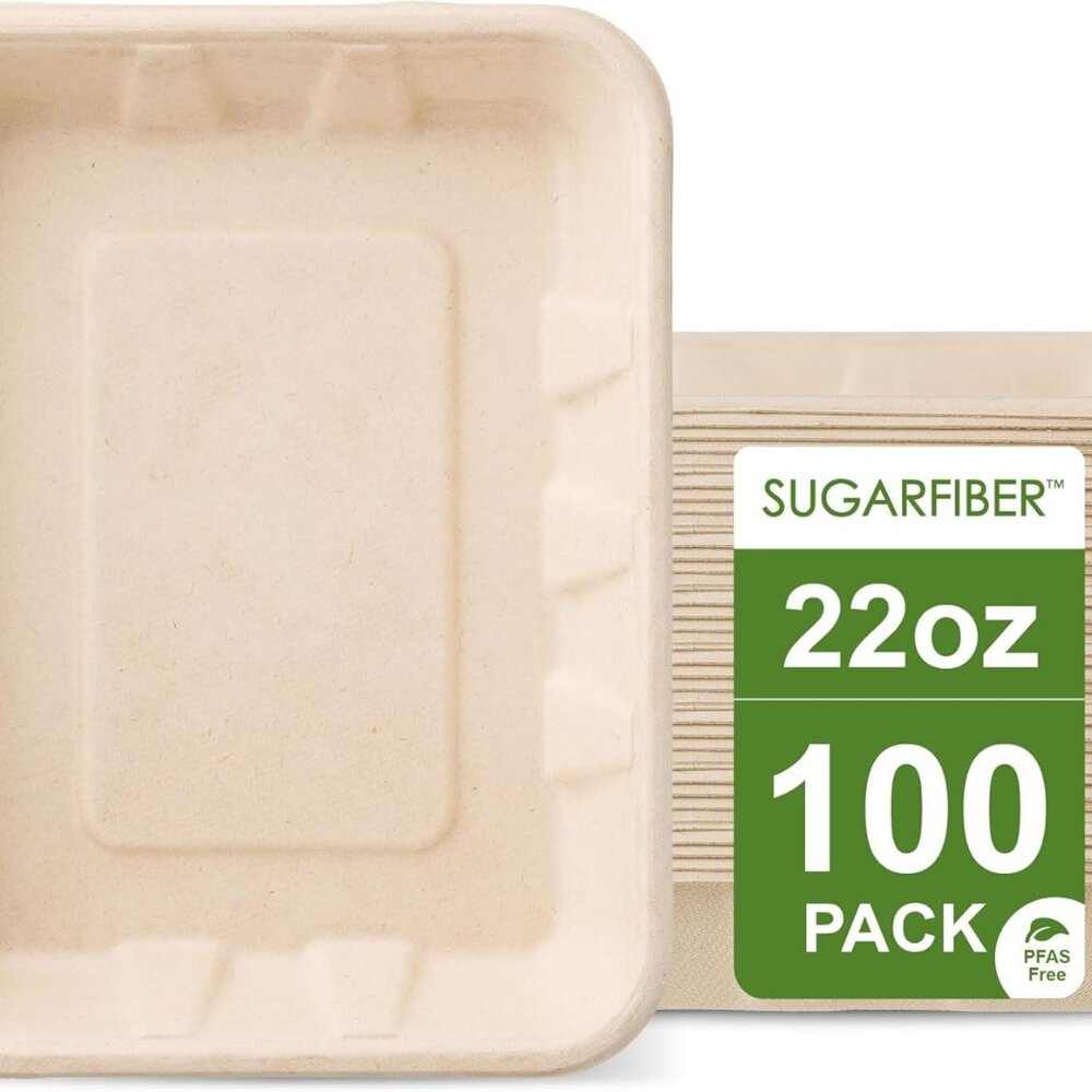 100 COUNT]Sugarfiber by 22 oz PFAS FREE Disposable Food Trays, Disposable Food C